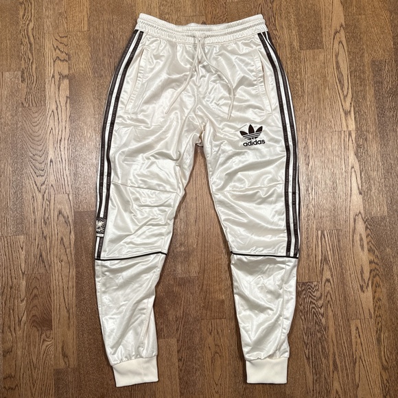 Adidas Chile 20 Wet Look White Ivory Brown Striped Satin Track Pants Mens Small - Picture 1 of 12